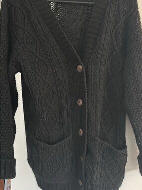 Men's Black Cable Knit Button-Front Cardigan Sweater